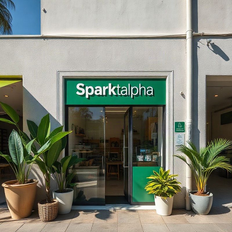 Entrada da loja Sparktalpha com prateleiras de utilidades e detalhes em verde-floresta e creme